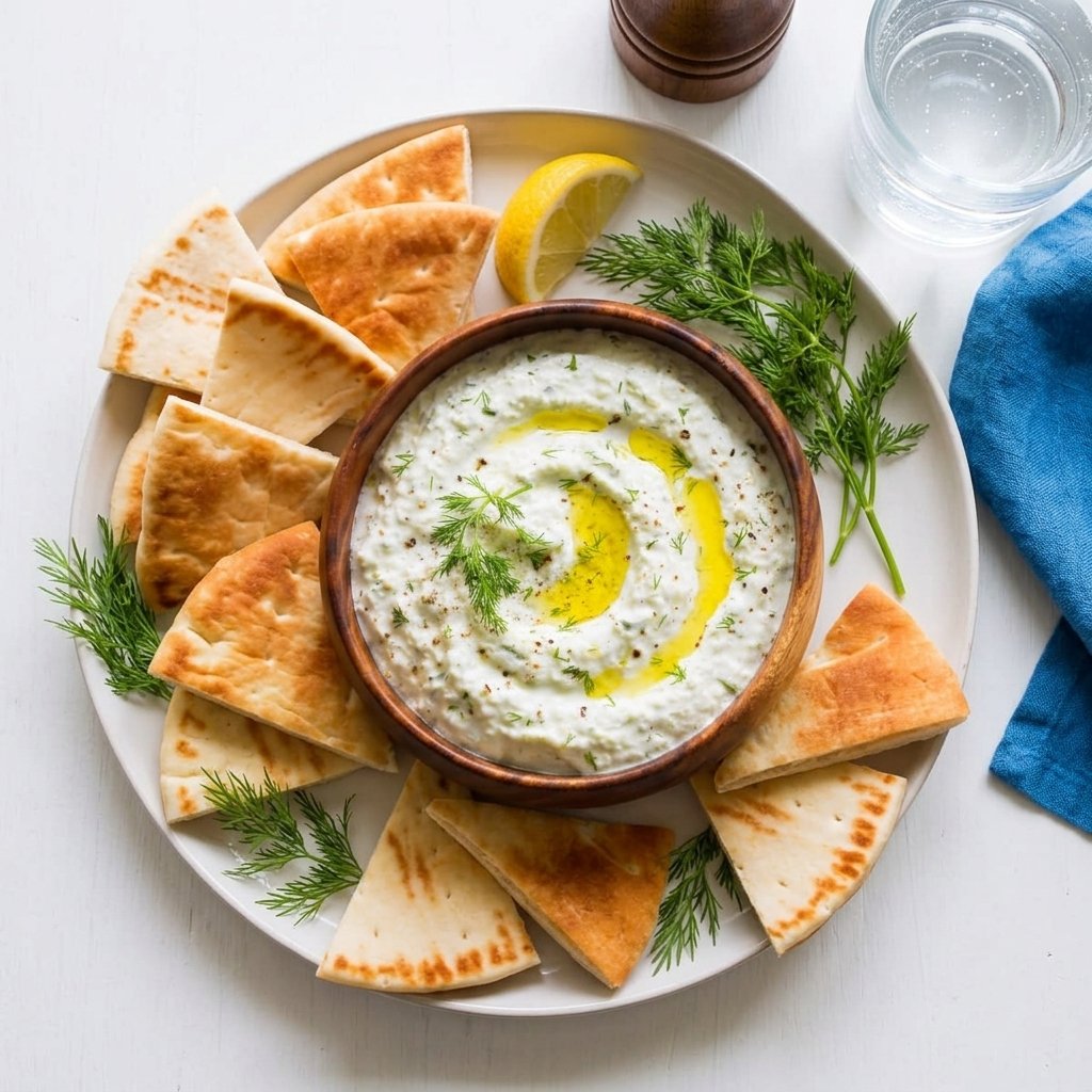 Homemade Tzatziki with Cucumber and Garlic and Flatbread