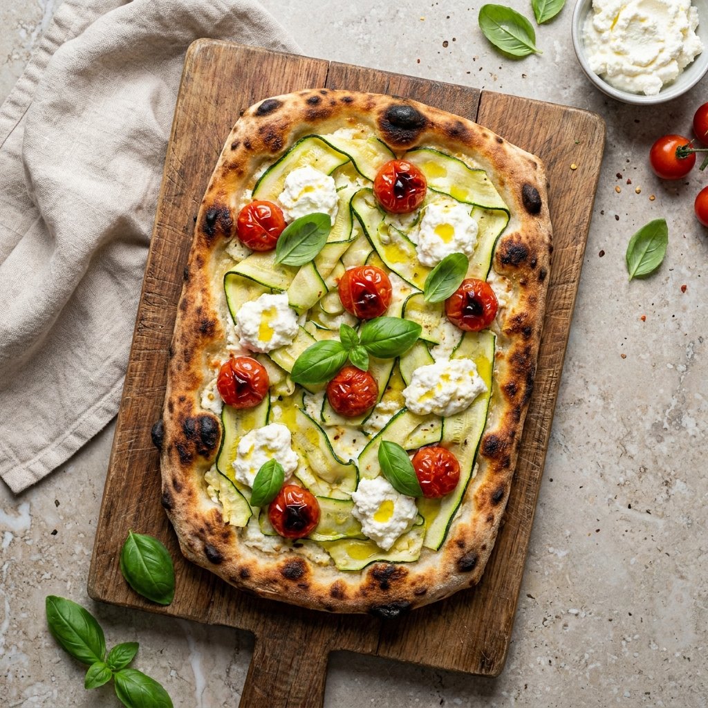 Zucchini and Cherry Tomato Ricotta Pizza
