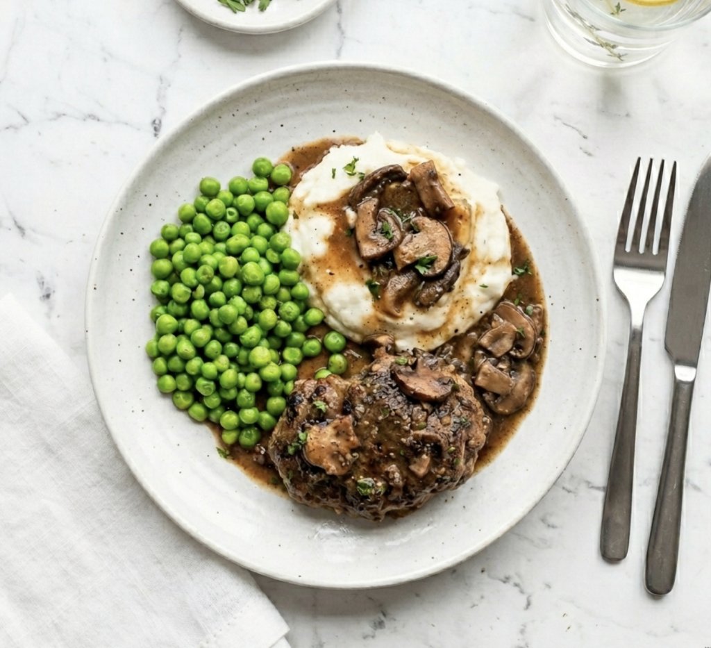 Meat Patties with Mashed Potatoes and Peas